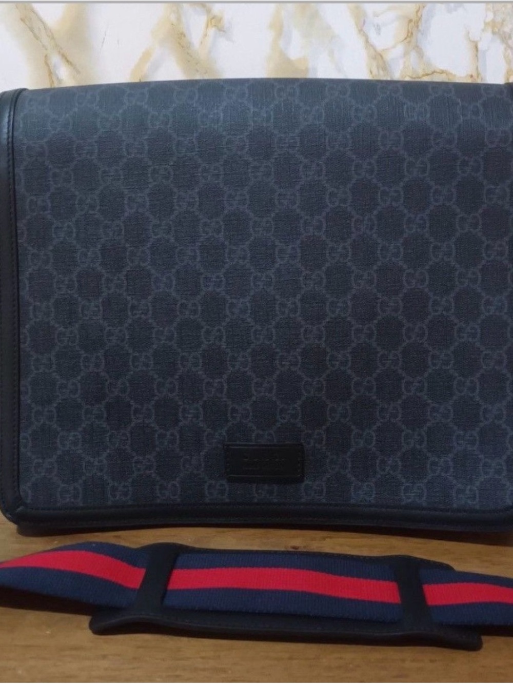 Gucci Navy Messenger Bag with Red-Striped Strap